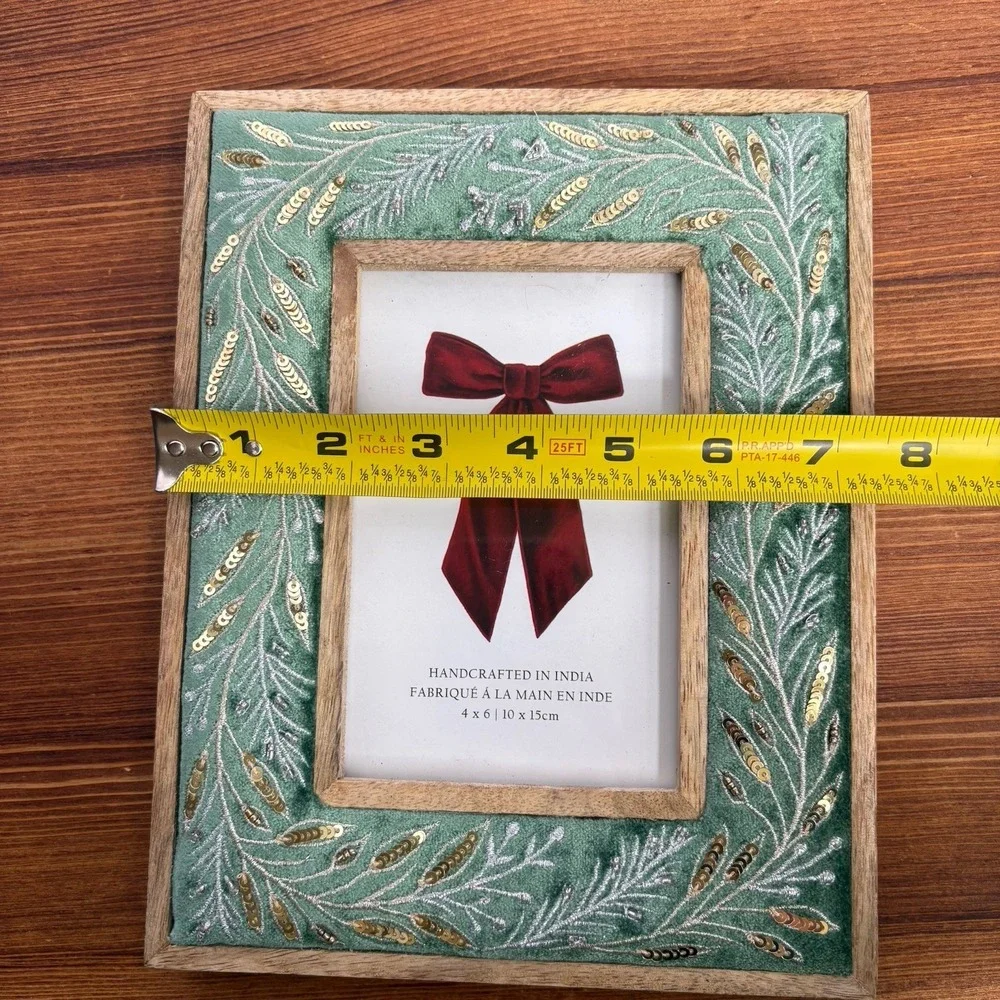Handcrafted Beaded Fabric Sequin Green Gold Picture Frame 4x6